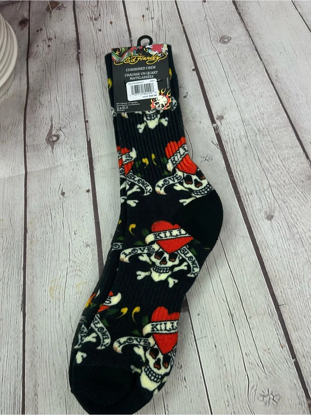 NWT Ed Hardy cushioned Crew Socks unisex streetwear urban skulls whimsigoth gray